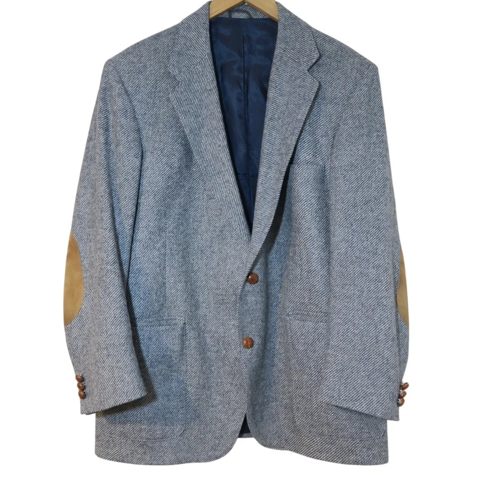 WFF Wool Sport Coat Blazer Herringbone Tweed‎ 2 Button Gray Elbow Patches